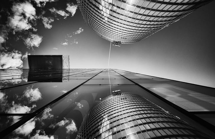 gray scale photo and worms eye view of two buildings, mirror, gray scale, photo, worms, eye, view, buildings, monochrome, reflection, blackandwhite, architecture, fujifilm  x-pro2, explore, explored, skyscraper, modern, built Structure, office Building, window, tower, building Exterior, glass - Material, urban Scene, business, downtown District, facade, city, tall - High, cityscape, HD wallpaper