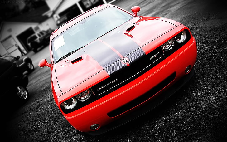 rosso e nero Dodge Challenger RT, auto, Dodge Challenger, macchine rosse, Dodge, Sfondo HD