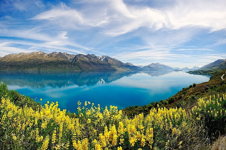 landscape photography of lake surrounded by mountains, nature, landscape, lake, yellow, wildflowers, turquoise, water, reflection, mountains, clouds, spring, New Zealand, HD wallpaper