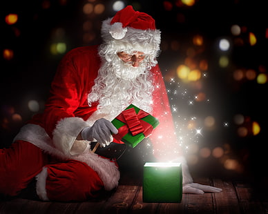santa claus dengan kotak hadiah, Tahun Baru, Natal, malam, selamat natal, hadiah, santa claus, Wallpaper HD HD wallpaper
