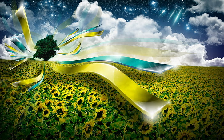 Ukraina, sztuka cyfrowa, słoneczniki, pole, niebo, gwiazdy, Tapety HD