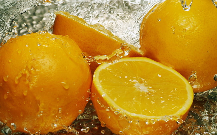 ثمار برتقالية مستديرة ، برتقال ، رطوبة ، قطرات ، بخاخات، خلفية HD