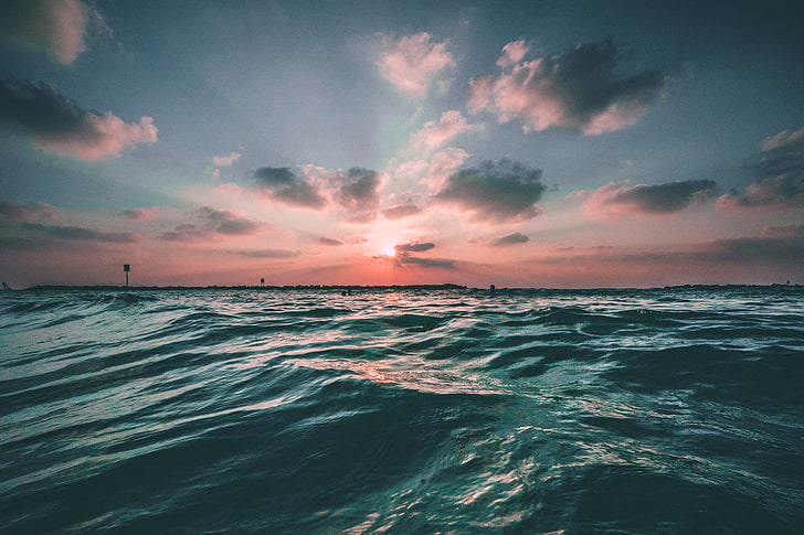 alam, air, matahari, laut, awan, matahari terbenam, ombak, Wallpaper HD