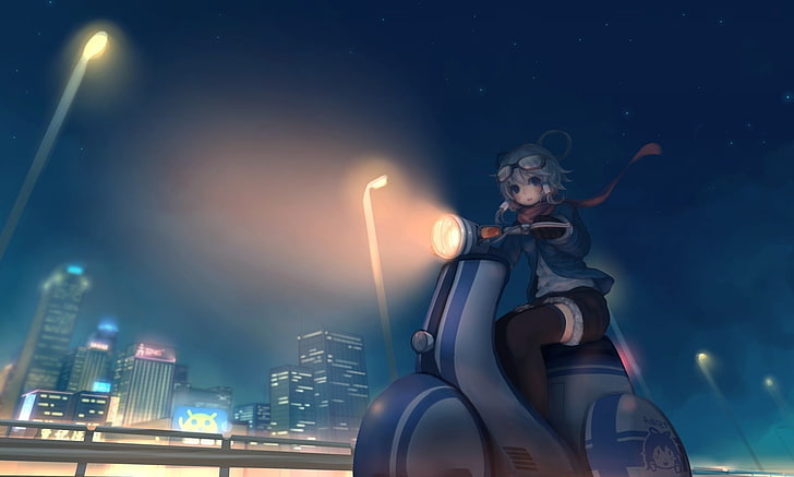 girl anime illustration, luo tianyi, vocaloid, night, scooter, art, HD wallpaper