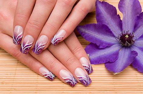 purple nail polishes, flower, hands, manicure, HD wallpaper HD wallpaper