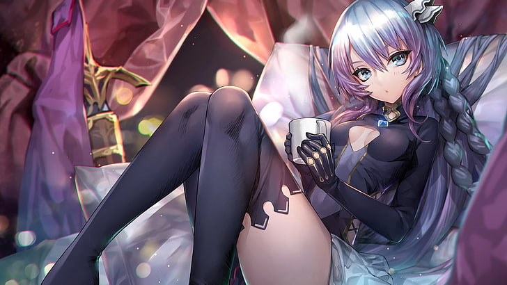 gray haired female anime character illustration, Chain Chronicle, Katya (Chain Chronicle), long hair, gray hair, gray eyes, braids, drink, elbow gloves, thigh-highs, weapon, sword, Chain Chronicles, anime girls, HD wallpaper