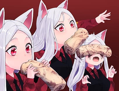  Helltaker, Cerberus (Helltaker), white hair, animal ears, red eyes, anime, anime girls, anime girls eating, HD wallpaper HD wallpaper