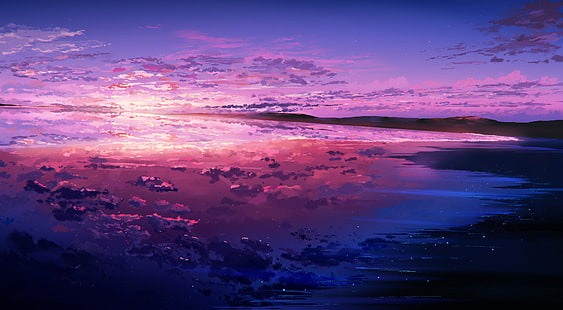 Anime, Original, Oceano, Roxo, Reflexão, Céu, Pôr do sol, HD papel de parede HD wallpaper