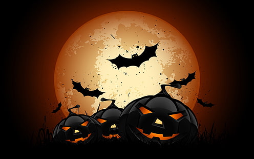 черный Джек-о'лантерс картинки, Хэллоуин, летучие мыши, тыква, Луна, HD обои HD wallpaper