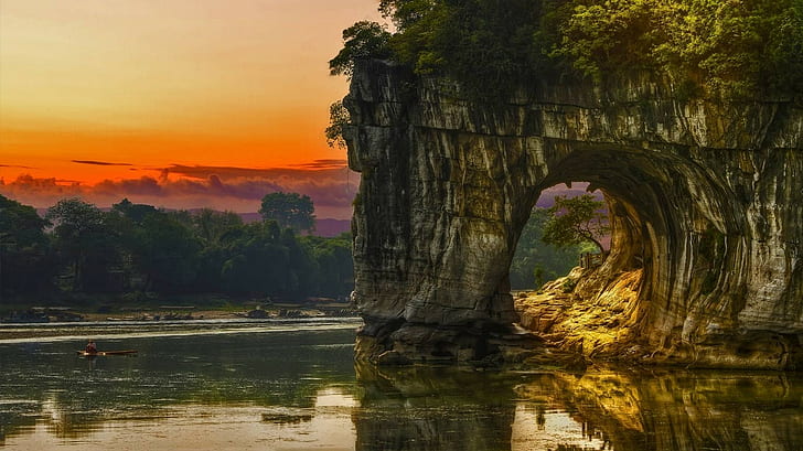 nature, landscape, lake, boat, arch, trees, sunset, shrubs, rock, sky, Guilin, China, water, reflection, HD wallpaper