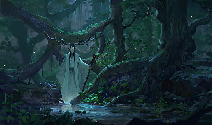 fantasy art, horns, druids, forest, Japanese, stream, rain, mask, leaves, sword, staff, weapon, HD wallpaper