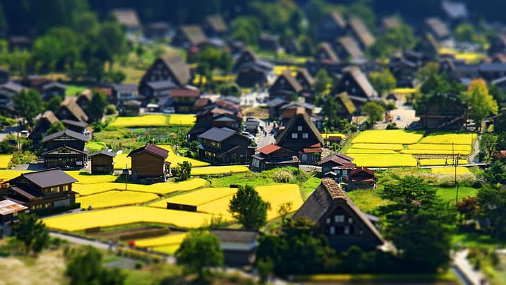 Dorf, Mittelalter, Stadt, Landschaft, Natur, Europa, hell, sonnig, Frühling, Tilt Shift, Voxel, HD-Hintergrundbild
