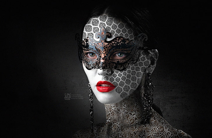 Koncepcyjna, czarno-szara maska ​​damska, aerodynamiczna, kreatywna, ciemna, dziewczyna, piękna, kobieta, maska, konceptualna, czerwone klapki, Tapety HD