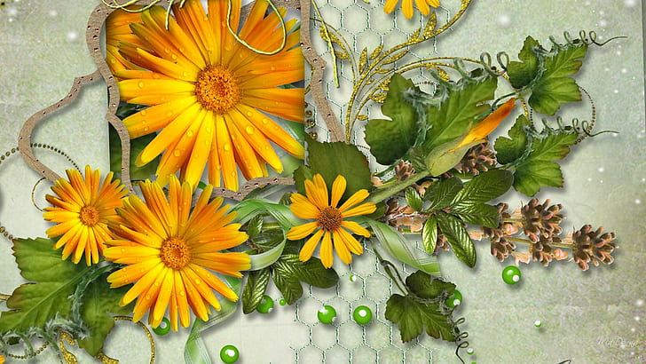 Yellow Daisies Buds, yellow and green daisy flower wall paper, firefox persona, ribbon, greens, buds, flowers, daisy, daisies, 3d and abstract, HD wallpaper