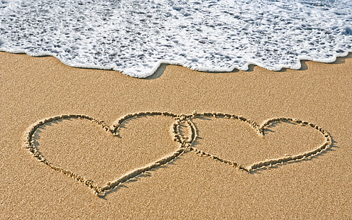 brown beach sand, sand, sea, water, love, mood, heart, hearts, written, HD wallpaper HD wallpaper