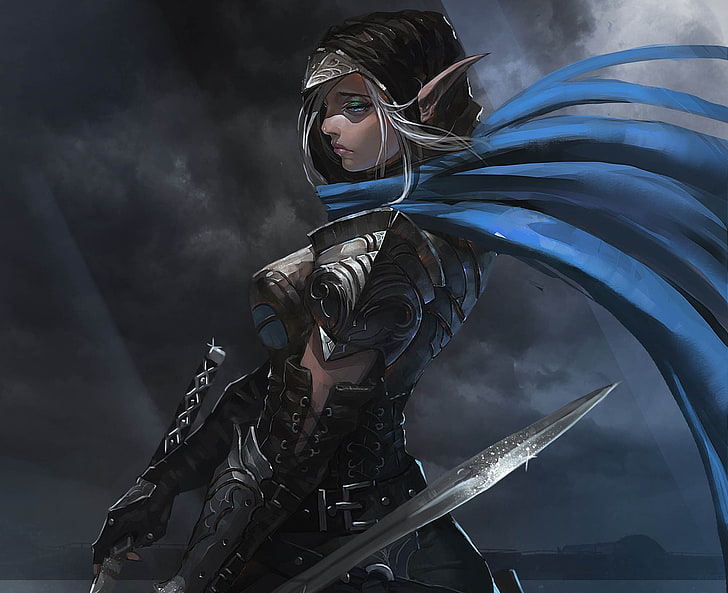 женски елф убиец дигитален тапет, момиче, елф, фантазия, броня, меч, HD тапет