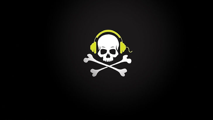 white and yellow pirate skull with headphone logo, skull, HD wallpaper