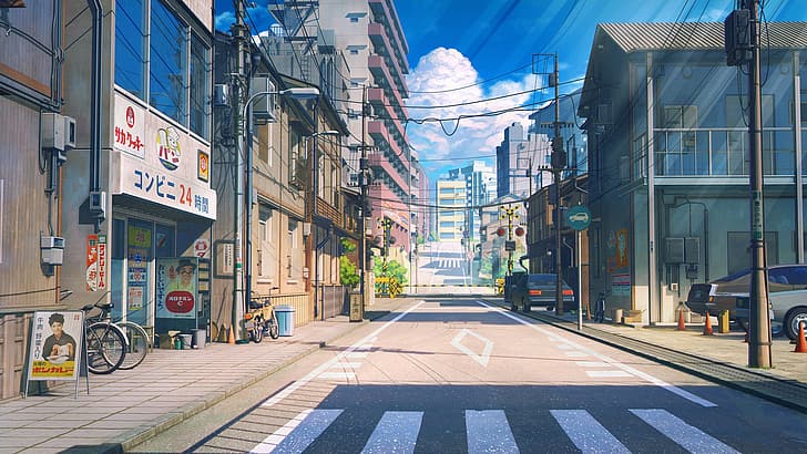 Япония, аниме, облака, улица, велосипед, дом, небо, HD обои