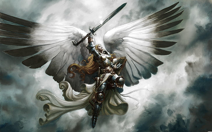 winged warrior raising his sword while flying wallpaper, Magic: The Gathering, sword, angel, armor, women, wings, Serra Angel, fantasy art, closed eyes, HD wallpaper