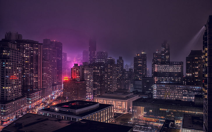 иллюстрация серого здания, нью-йорк, здания, ночь, красиво, HD обои