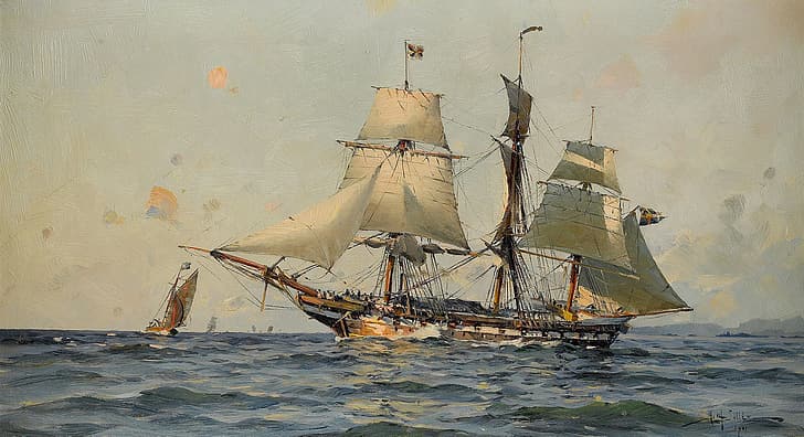 морски пейзаж, Херман Густав Силен, шведски военен кораб, Морето и корабите, HD тапет