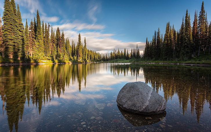 landskap, natur, sjö, solnedgång, skog, vatten, reflektion, träd, British Columbia, Kanada, lugn, HD tapet