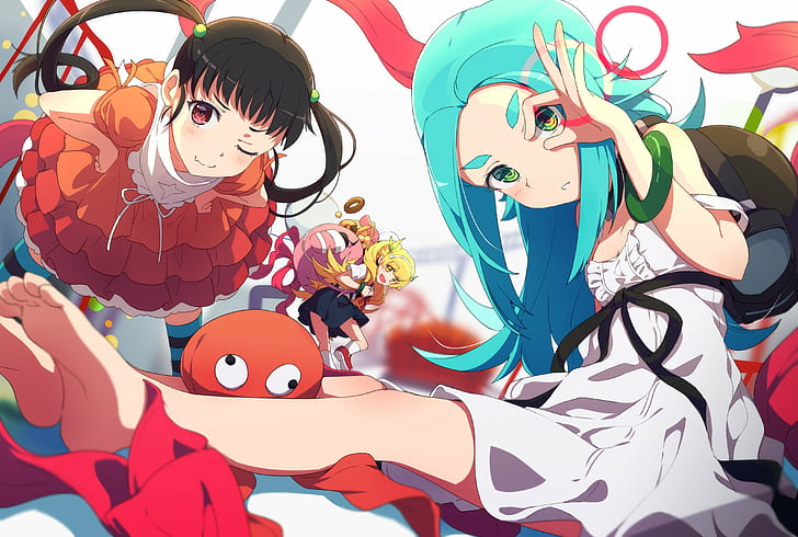 Серия Monogatari, аниме девушки, Ошино Синобу, Хачикудзи Майой, Ононоки Йоцуги, HD обои