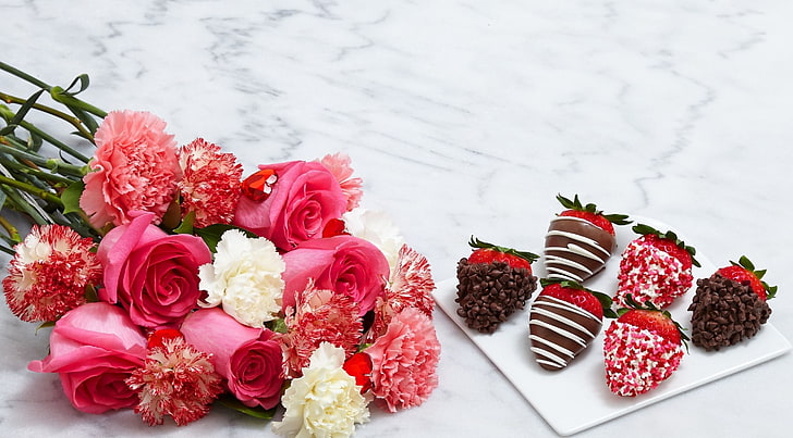 Chocolate Dipped Strawberries and Flowers, Food and Drink, Beautiful, Roses, Flowers, Strawberry, Fruits, Covered, Present, Chocolate, Romantic, Gourmet, Sweet, delicious, Gift, Treat, strawberries, Berries, floral, dessert, Carnation, Fancy, indoor, proflowers, irresistible, ChocolateCoveredStrawberries, dipped, sharis, SharisBerries, HD wallpaper