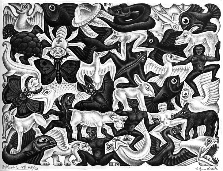 разнообразни илюстрации на животни, произведения на изкуството, оптична илюзия, рисунка, M. C. Escher, монохромен, животни, птици, риба, илюстрация, змия, прилепи, костенурка, паяк, пеперуда, подписи, HD тапет