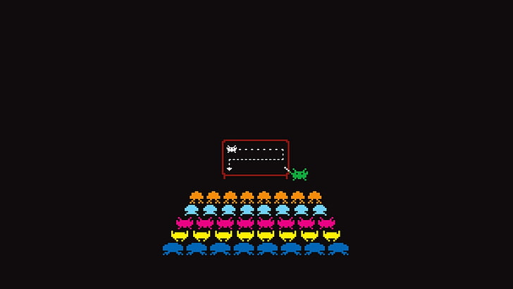 blue, yellow, and red game application, Space Invaders, simple background, minimalism, video games, retro games, black background, Atari, pixel art, HD wallpaper