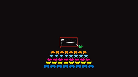 blue, yellow, and red game application, Space Invaders, simple background, minimalism, video games, retro games, black background, Atari, pixel art, HD wallpaper HD wallpaper
