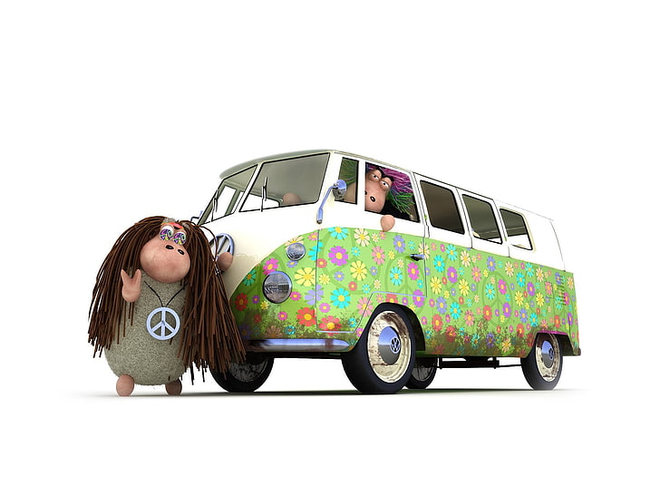 furgoneta Volkswagen T1 floral blanca y verde, minimalismo, hippies, El mundo, Oveja, Fondo de pantalla HD