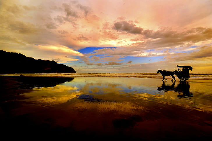 sea, the sky, clouds, sunset, mountains, reflection, horse, silhouette, wagon, HD wallpaper