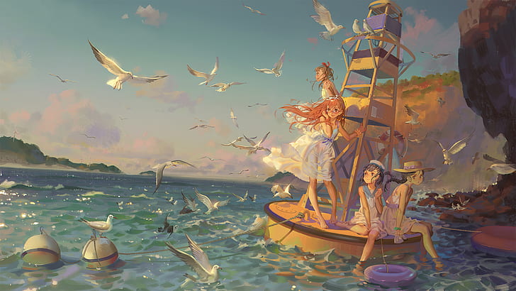 anime, digital, sea, water, seagulls, women, buoy, vacation, daylight, HD wallpaper