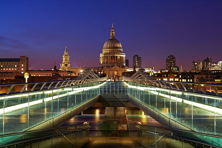 gray concrete building, England, London, UK, Millennium Bridge, St Paul's Cathedral, St. Paul's Cathedral, HD wallpaper