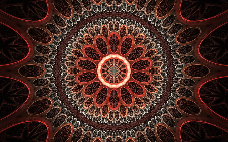 wallpaper mandala merah dan abu-abu, lingkaran, pola, latar belakang, cerah, Wallpaper HD