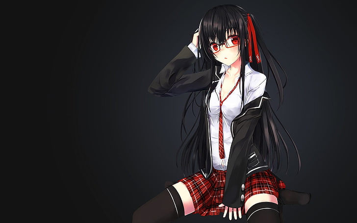 female anime character, school uniform, red eyes, HD wallpaper