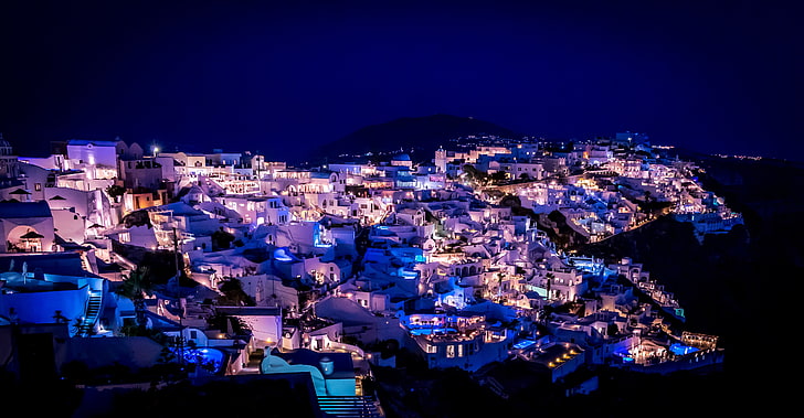 산토리니, 그리스, 밤 도시, 조명, HD 배경 화면