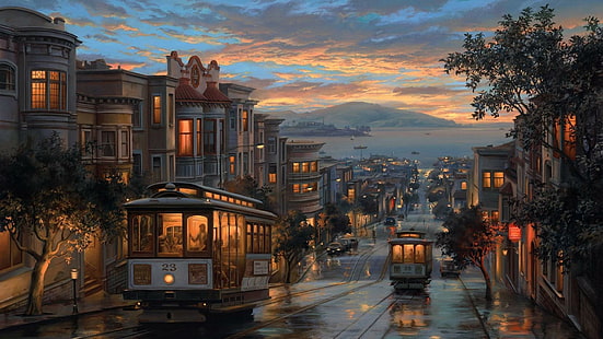 tree, cable car, painting, home, tram, sunset, metropolis, residential area, cable car system, sky, san francisco, dusk, urban area, cityscape, city, evening, town, HD wallpaper HD wallpaper