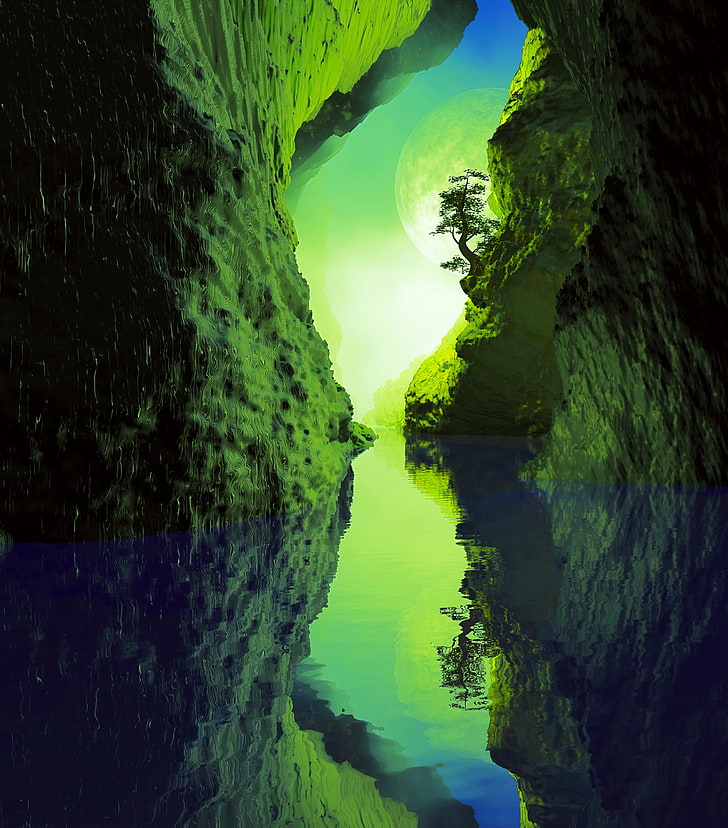 cueva, río, árbol, reflejo, verde, Fondo de pantalla HD, fondo de pantalla de teléfono