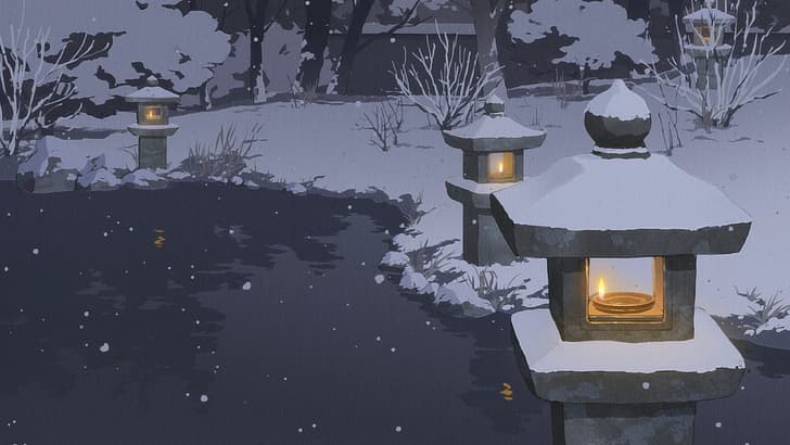snow, winter, drawing, Anime screenshot, pond, oil lamp, Asian architecture, snowing, HD wallpaper
