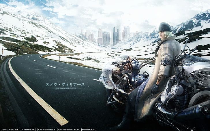 videospelaffisch, Snow Villiers, road, motorcykel, snö, Final Fantasy XIII, videospel, HD tapet