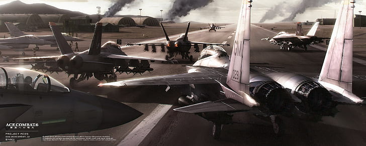 Ace Combat 6: Fires of Liberation, Videospel, AircraftF-15 Strike Eagle, FA-18 Hornet General Dynamics F-16 Fighting Falcon, Runway, sju grå stridsflygplan, esskamp 6: befriande bränder, videospel, flygplanf-15 strike eagle, fa-18 hornet general dynamics f-16 fighting falcon, bana, HD tapet