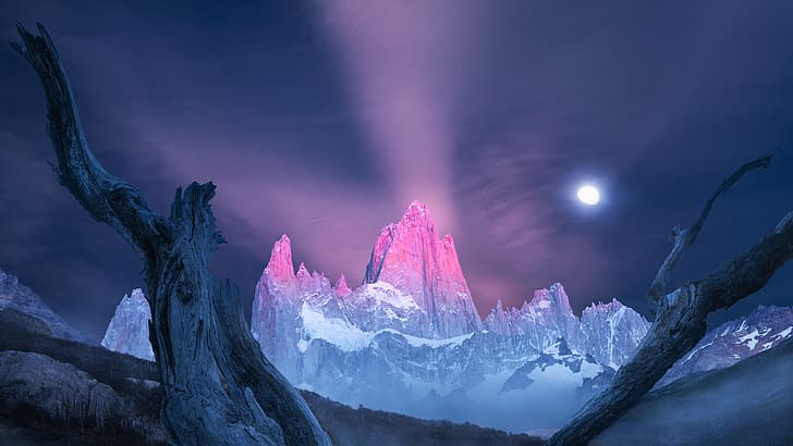 อาร์เจนตินา Patagonia ภูเขา คอมโพสิต การถ่ายภาพ กลางคืน ดวงจันทร์ ท้องฟ้า ธรรมชาติ อเมริกาใต้, วอลล์เปเปอร์ HD