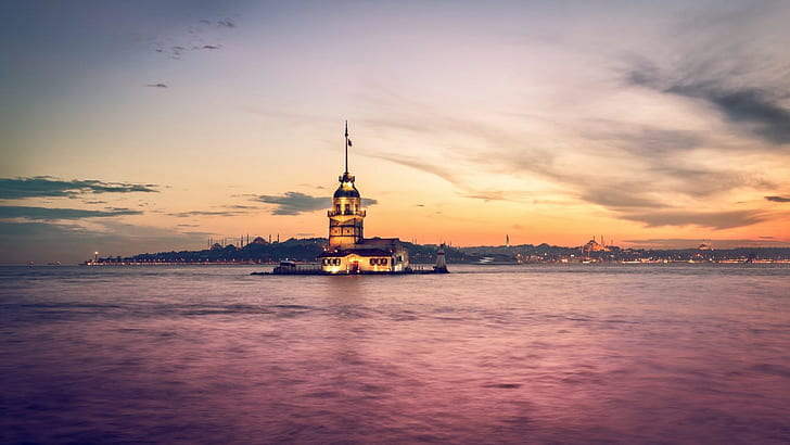 Bosporen, byggnad, stad, Istanbul, Kız Kulesi, Maidenand039; s torn, hav, solnedgång, kalkon, HD tapet