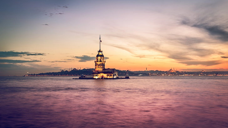 Stambuł, Turcja, Maiden's Tower, Bosfor, morze, budynek, zachód słońca, miasto, Kız Kulesi, Hagia Sophia, Tapety HD