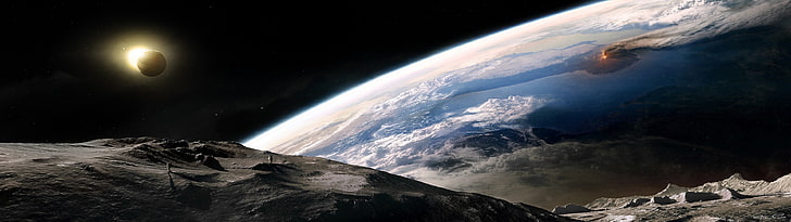 planeta tierra, espacio, pantalla múltiple, tierra, estrellas, planeta, astronauta, volcán, Fondo de pantalla HD