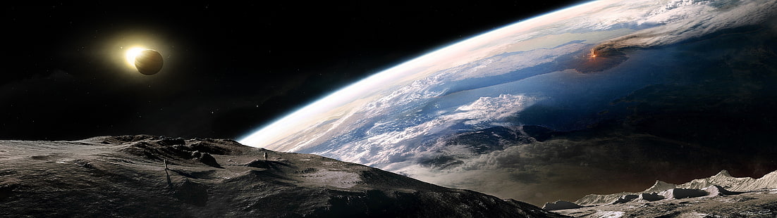 planeta tierra, espacio, pantalla múltiple, tierra, estrellas, planeta, astronauta, volcán, Fondo de pantalla HD HD wallpaper