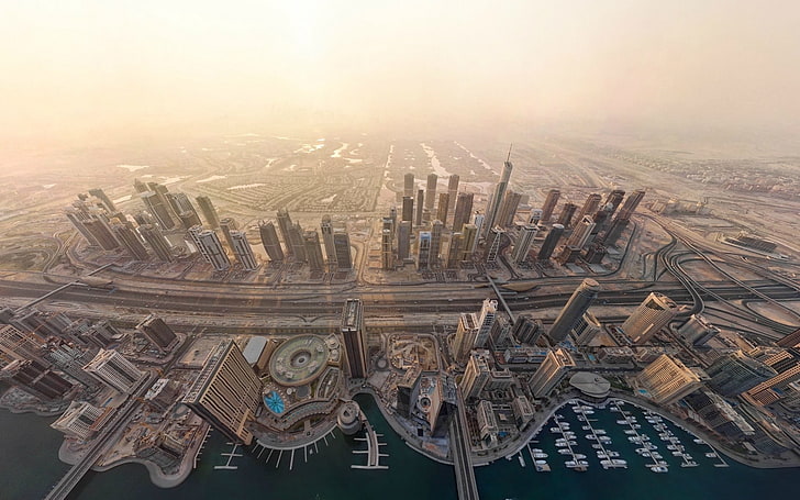 photographie aérienne de bâtiments près d'un plan d'eau, bâtiment, plage, Dubaï, Fond d'écran HD