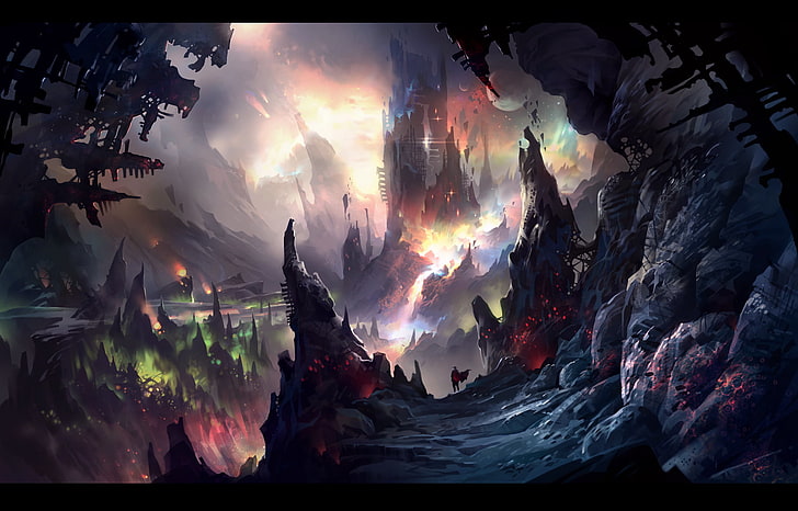 silhouette de château illustration, apocalyptique, dessin, art fantastique, Fond d'écran HD